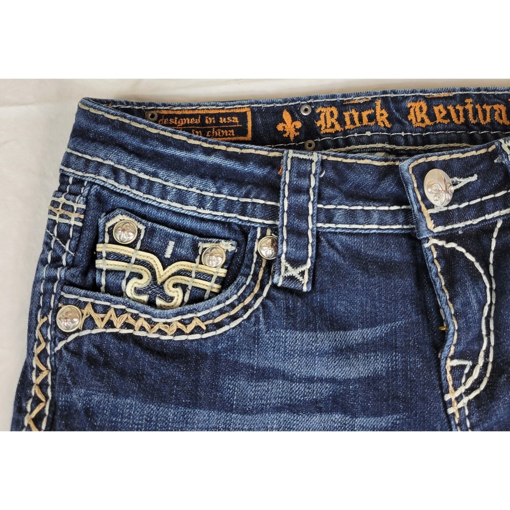 Rock Revival Kai Bootcut Jeans Dark Wash Distressed Thick Stitch Buckle 28x29 - Picture 10 of 11